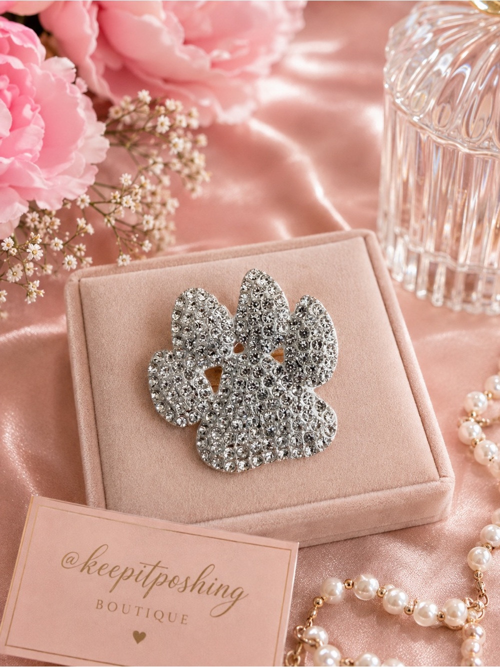 Silver Crystal Paw Brooch